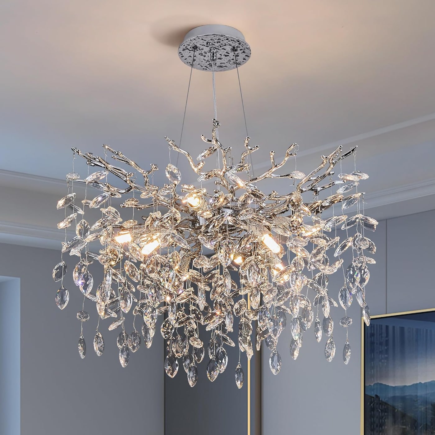 Round Gold Tree Branch Crystal Chandelier, 10-Light