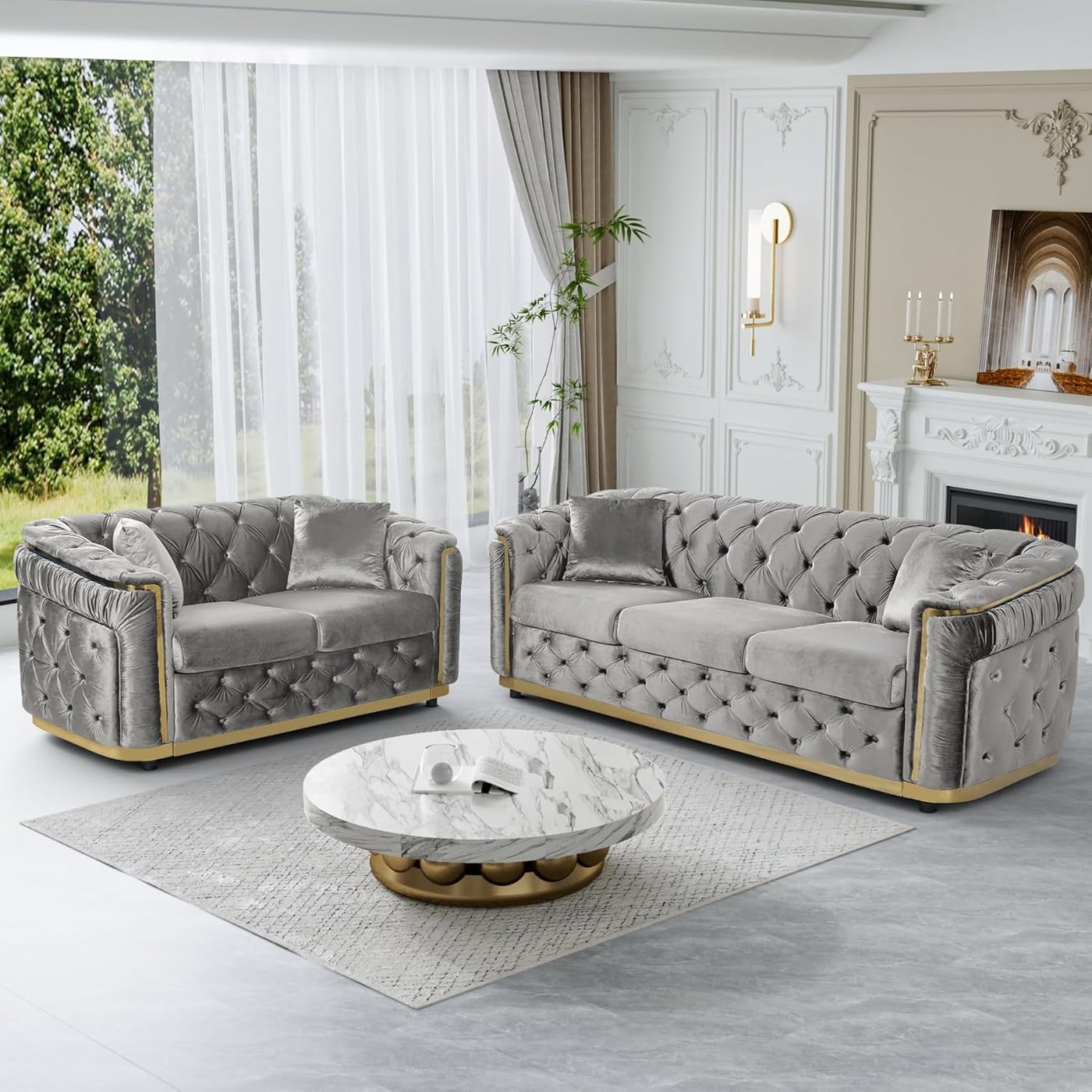 Two-Piece Chesterfield Velvet Sofa and Loveseat Set - Photo 2