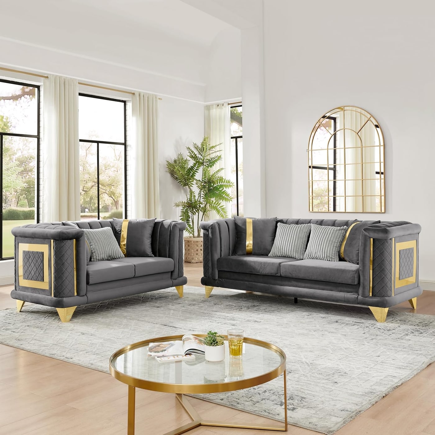 Two-Piece Chesterfield Velvet Sofa and Loveseat Set - Photo 4