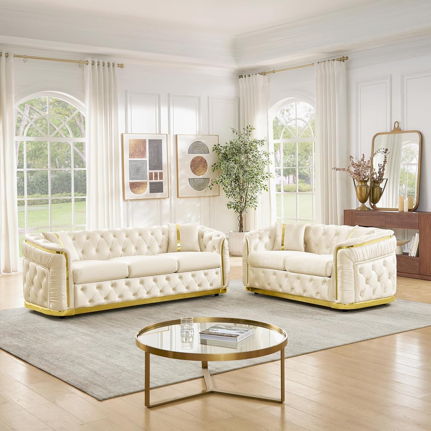Two-Piece Chesterfield Velvet Sofa and Loveseat Set