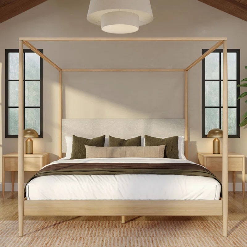 Harbor Canopy Bed with Chenille Headboard - Blonde / Swiss Coffee