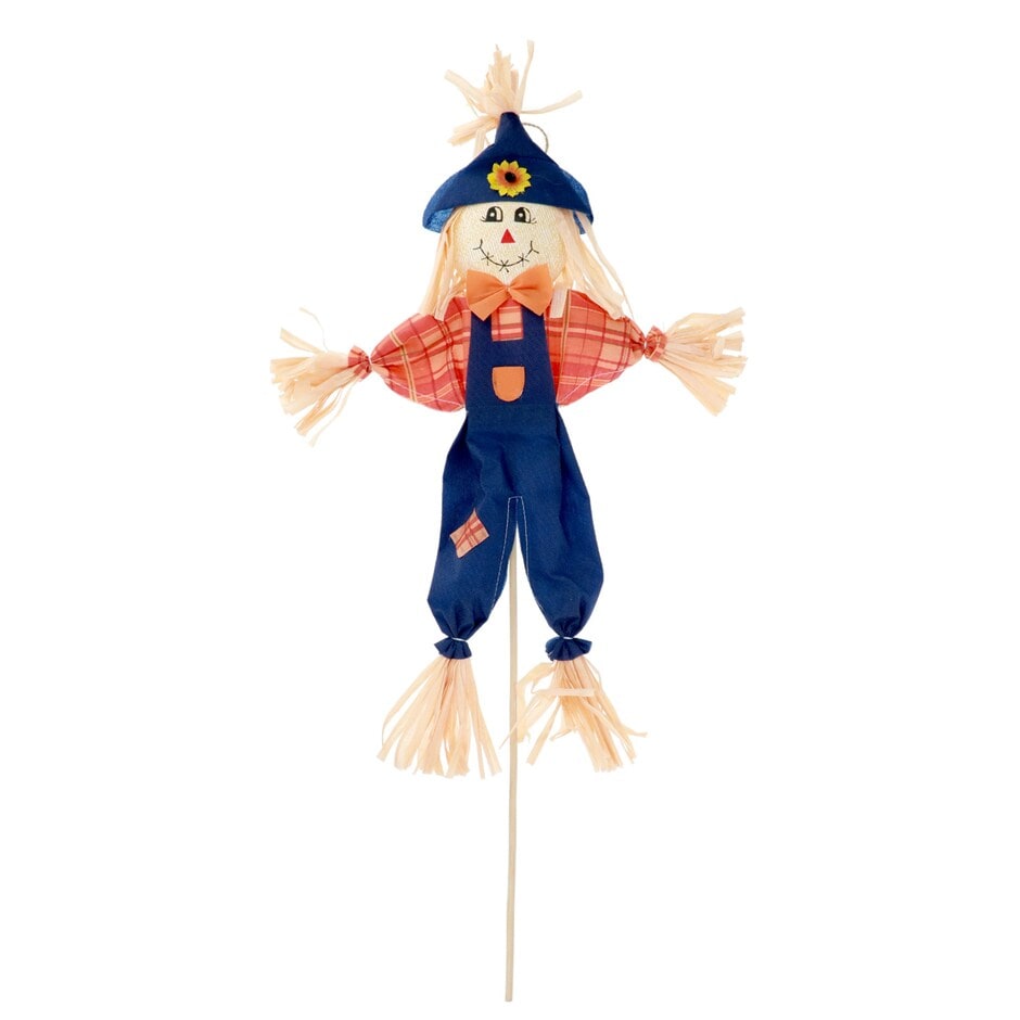 Harvest Scarecrow Garden Stakes, 28-inch - Plaid Shirt & Blue Overalls