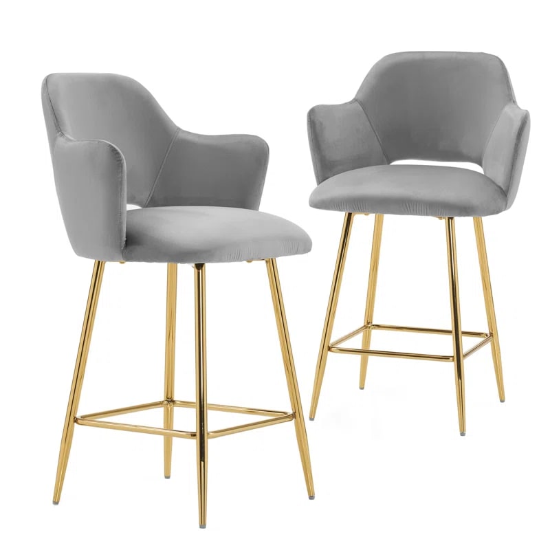 Henriella Velvet Armchair with Gold Metal Legs (Set of 2) - Gray
