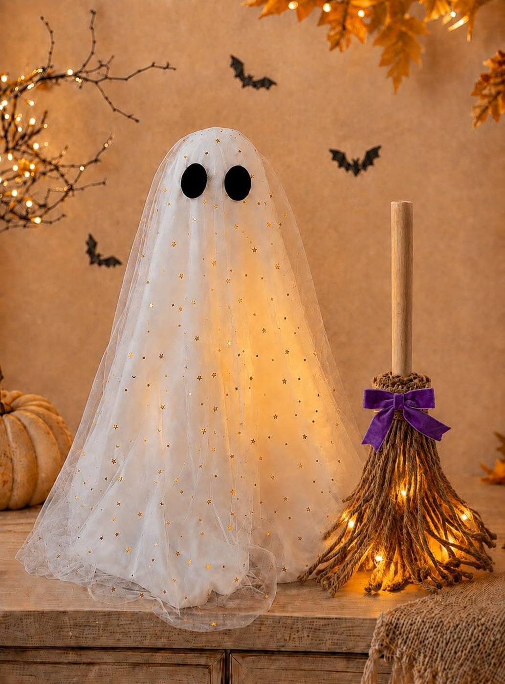 Lighted Ghost & Witch Broom Halloween Decor Set - White