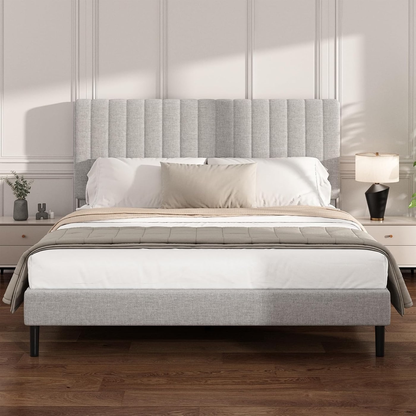 Linen Upholstered Platform Bed with Adjustable Headboard - Photo 2