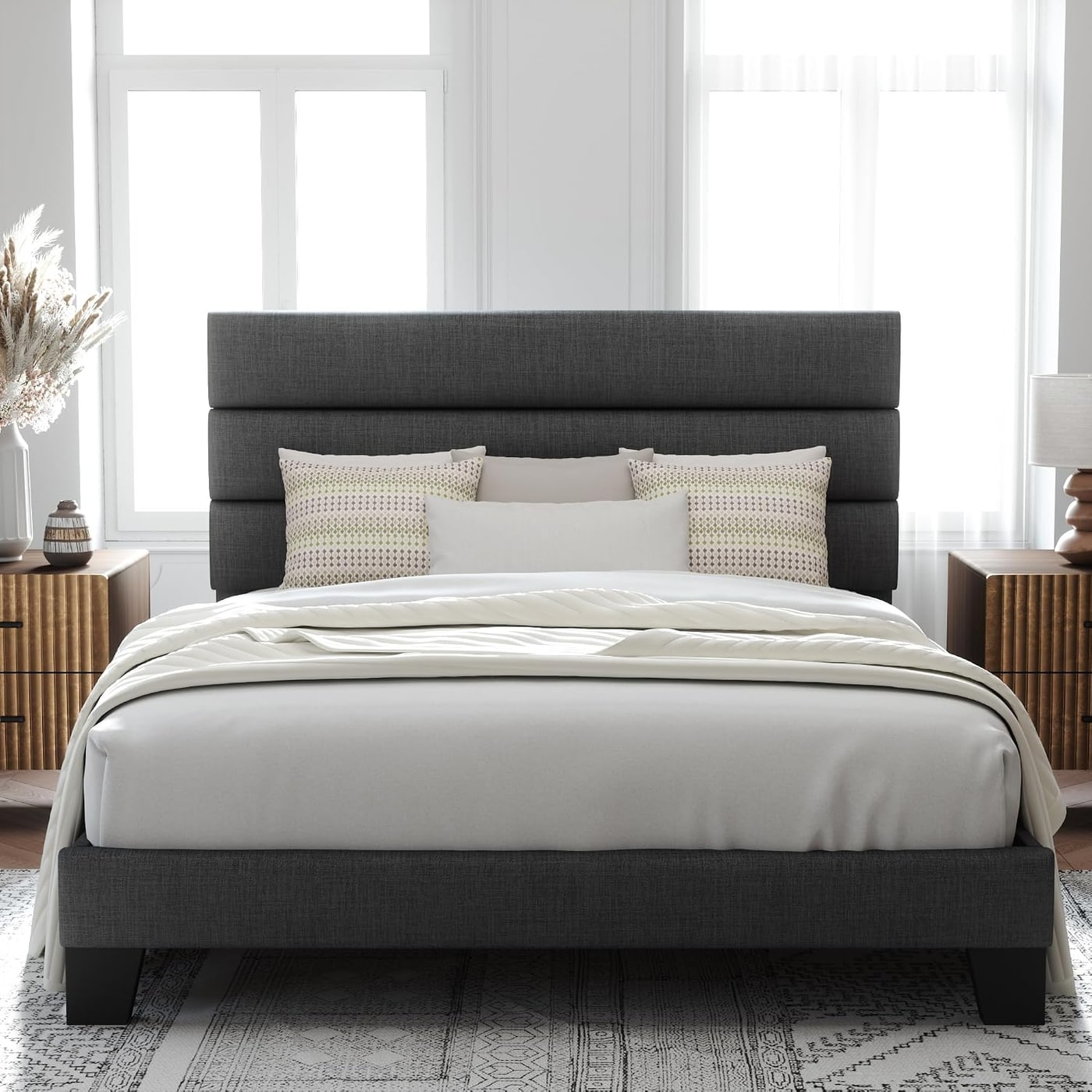 Linen Upholstered Platform Bed with Adjustable Headboard - Photo 3