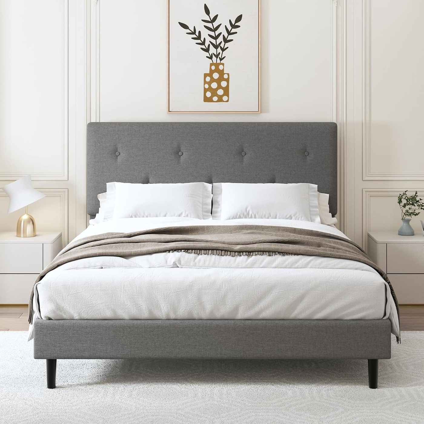 Linen Upholstered Platform Bed with Adjustable Headboard - Photo 4
