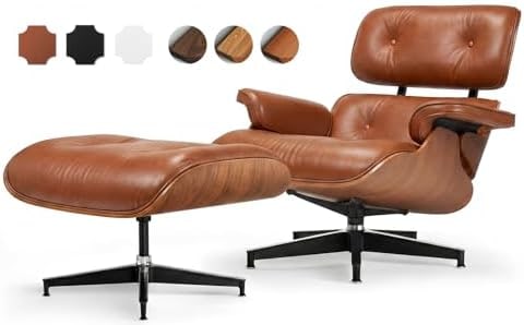 Walnut Brown Mid-Century Leather Lounge Chair and Ottoman - Photo 2
