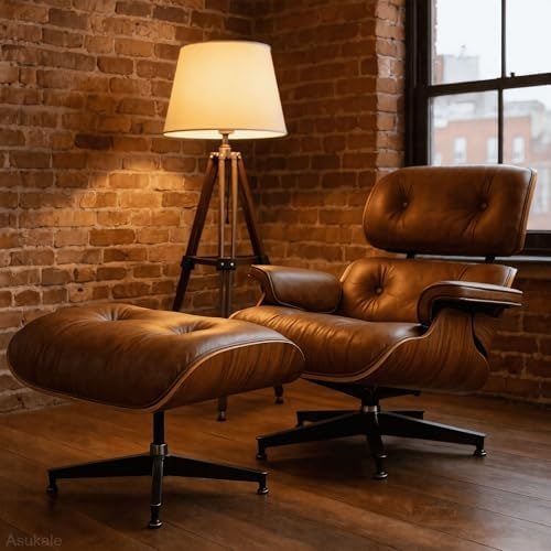 Walnut Brown Mid-Century Leather Lounge Chair and Ottoman - Photo 3