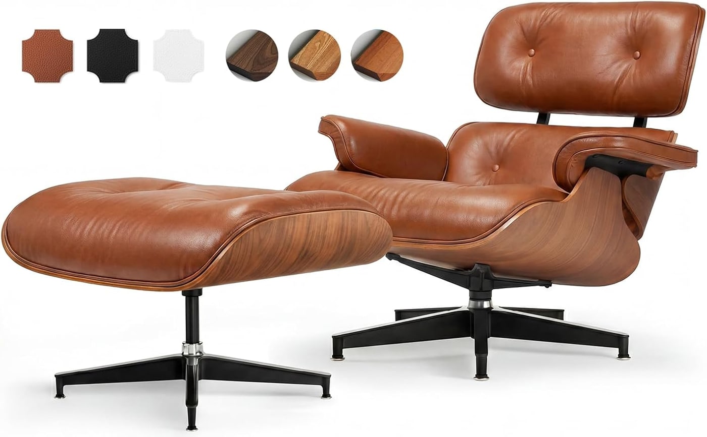 Walnut Brown Mid-Century Leather Lounge Chair and Ottoman