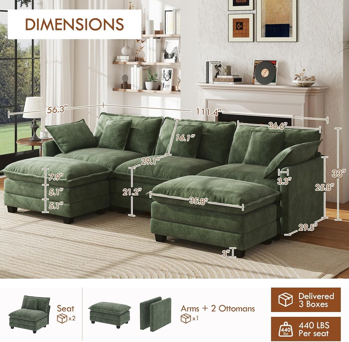 U-Shape Modular Chenille Cloud Sectional with Ottomans - Photo 2
