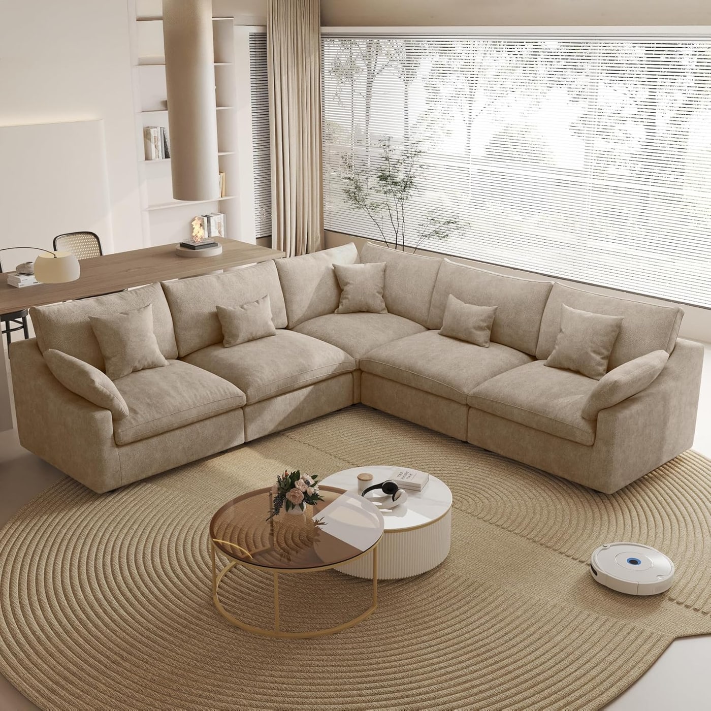 Modular V-Shaped Down-Filled Sectional with Ottoman - Khaki
