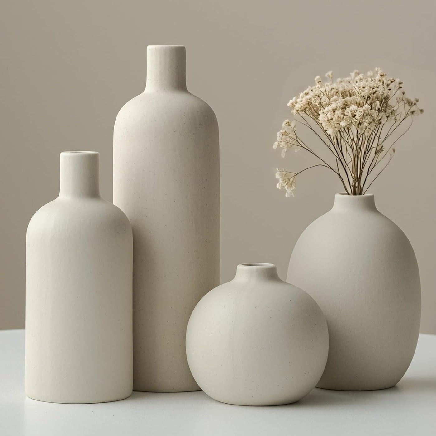 Four-Piece Matte Ceramic Vase Set - Beige