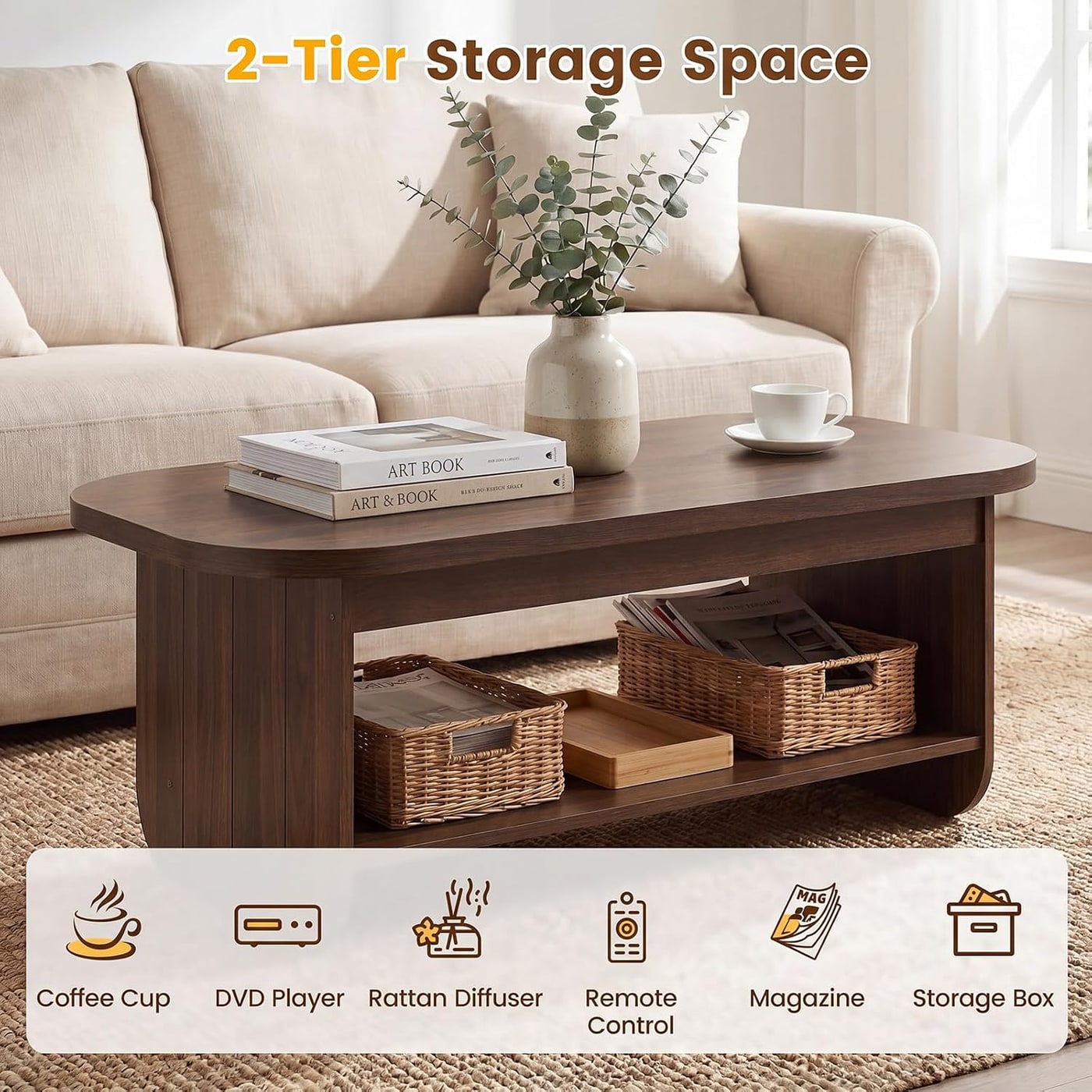Oval Mid-Century Coffee Table with Storage Shelf - Photo 4