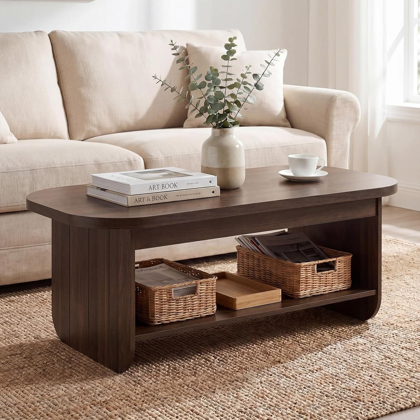 Oval Mid-Century Coffee Table with Storage Shelf - Espresso