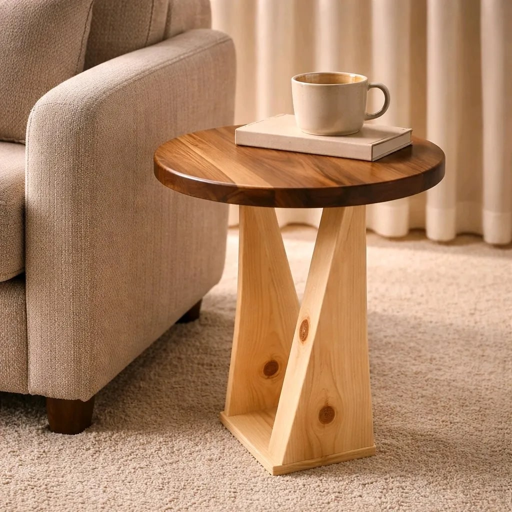Handcrafted Pine & Teak Round End Table - Photo 3