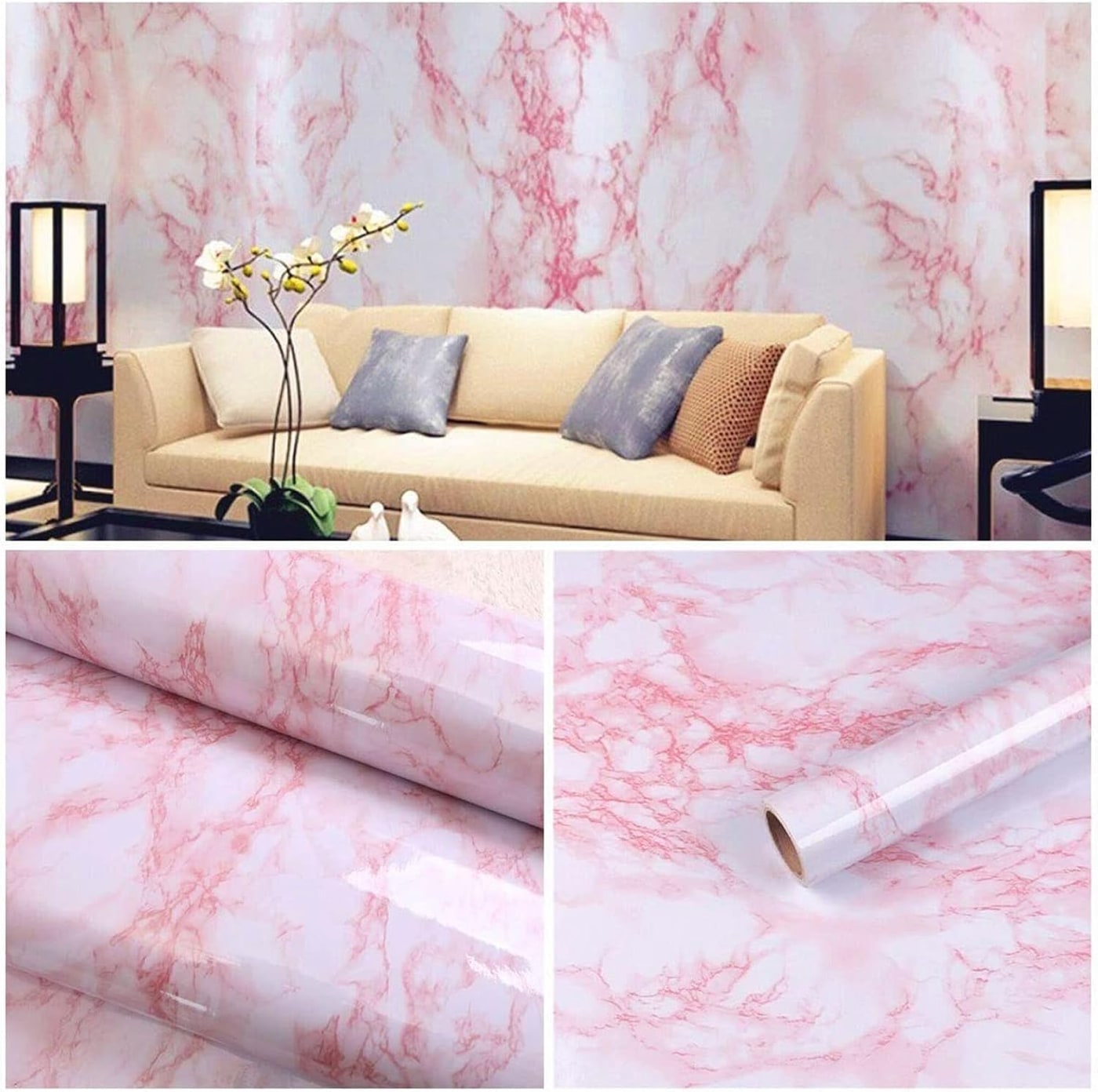 White Pink Marble Peel-and-Stick Vinyl Roll - Photo 3