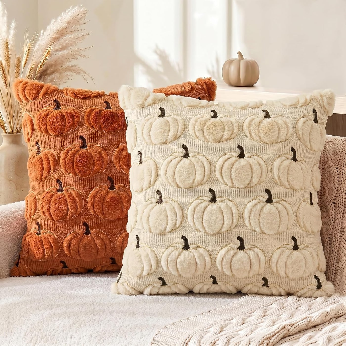 Fall Pumpkin Embroidery Plush Pillow Covers, Set of 2 - Caramel/Beige