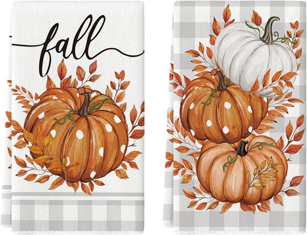 Buffalo Plaid Pumpkin Fall Kitchen Towel Set - Orange / Beige