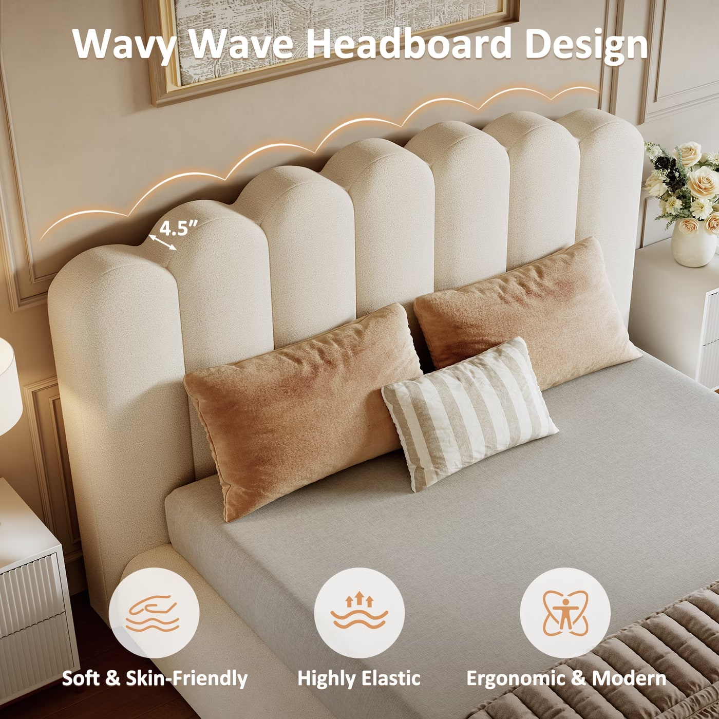Queen Cloud Platform Bed with Wave Headboard - Photo 3