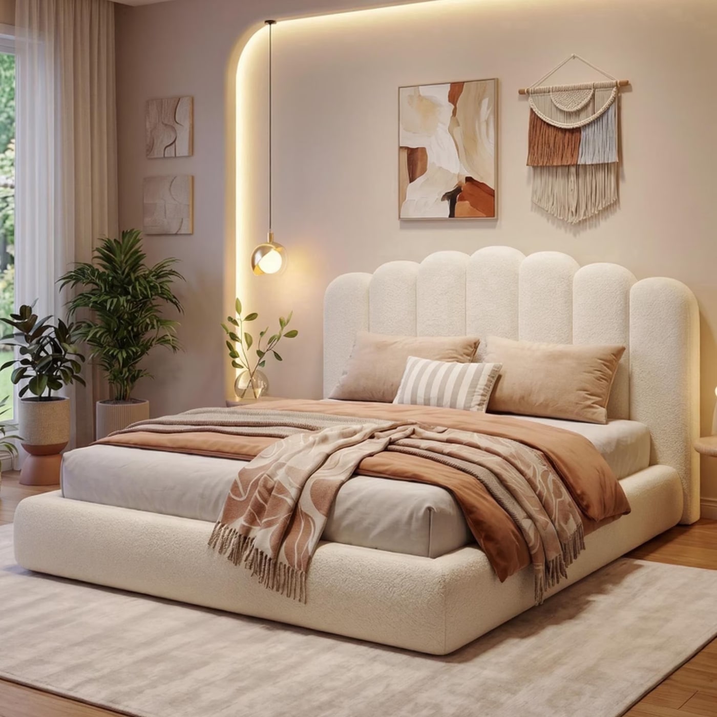 Queen Cloud Platform Bed with Wave Headboard - Cream White