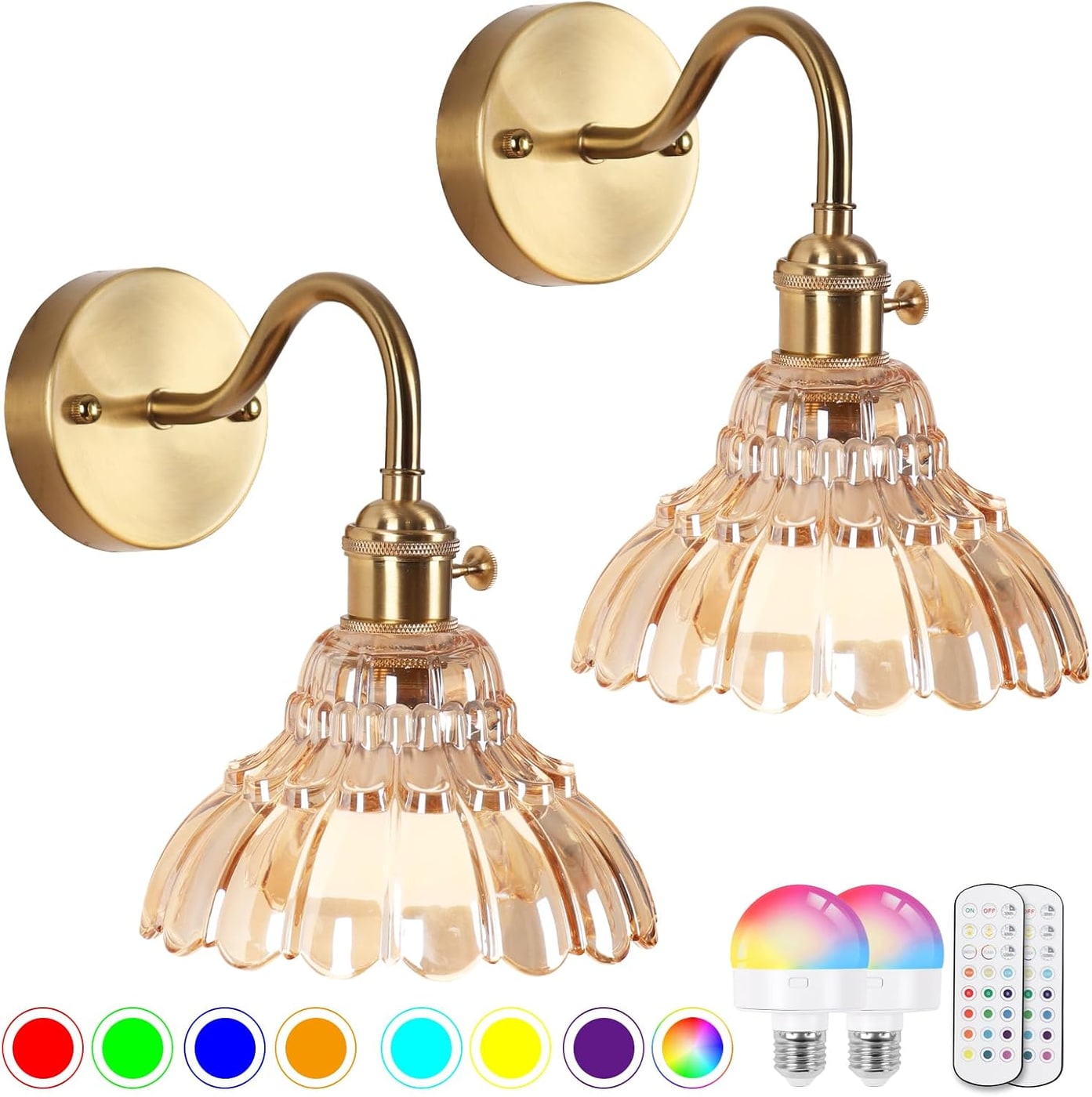 Rechargeable Brass Wall Sconces, Set of Two - Flower Amber