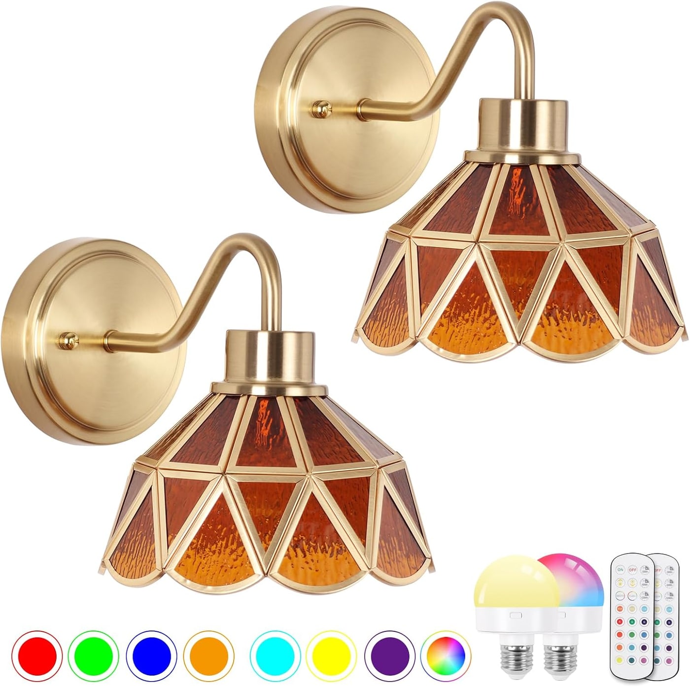 Rechargeable Brass Wall Sconces, Set of Two - Retro Amber