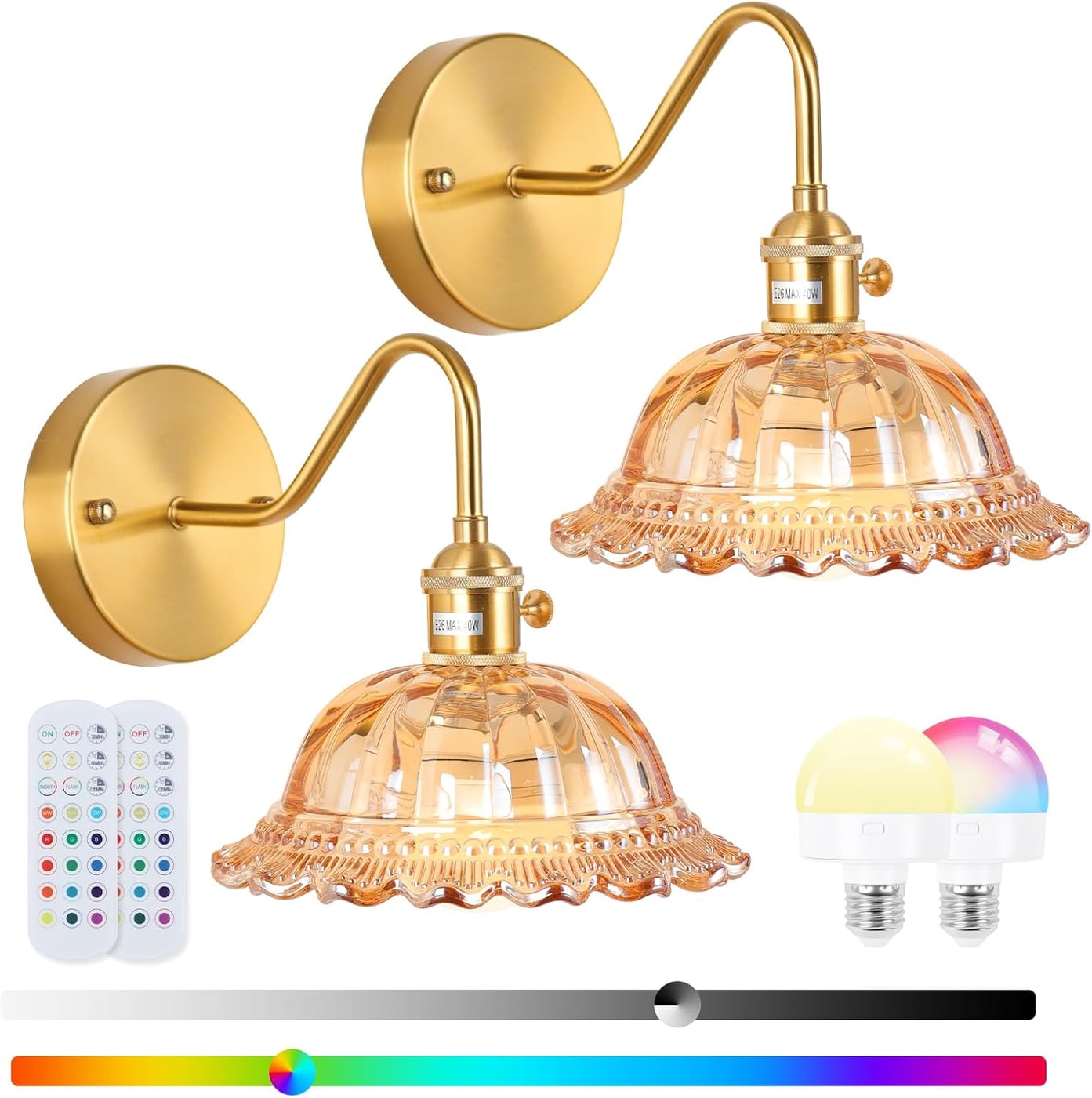 Rechargeable Vintage Glass Wall Sconce Set - Rose-Amber