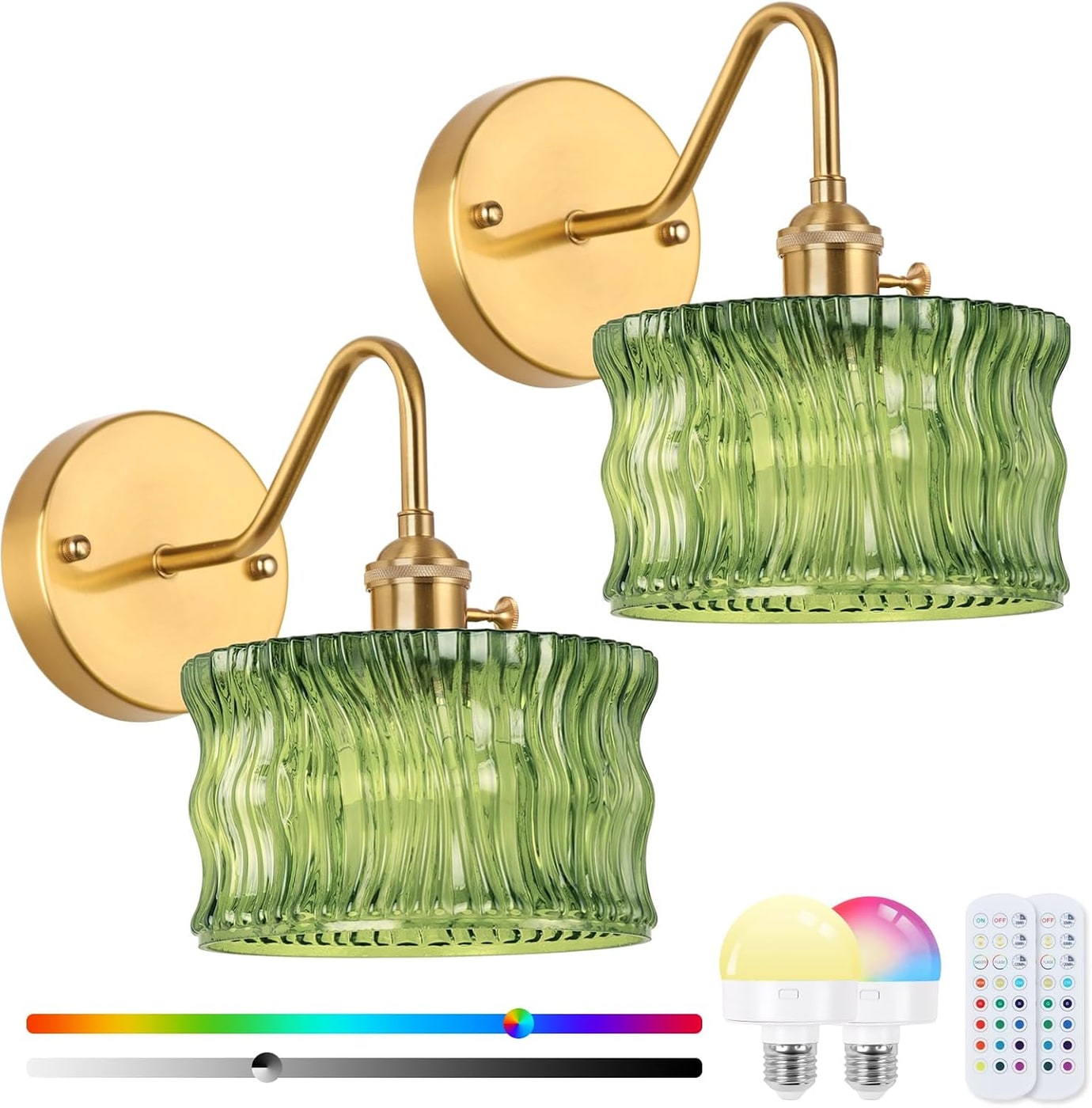 Rechargeable Vintage Glass Wall Sconce Set - Green Ripple