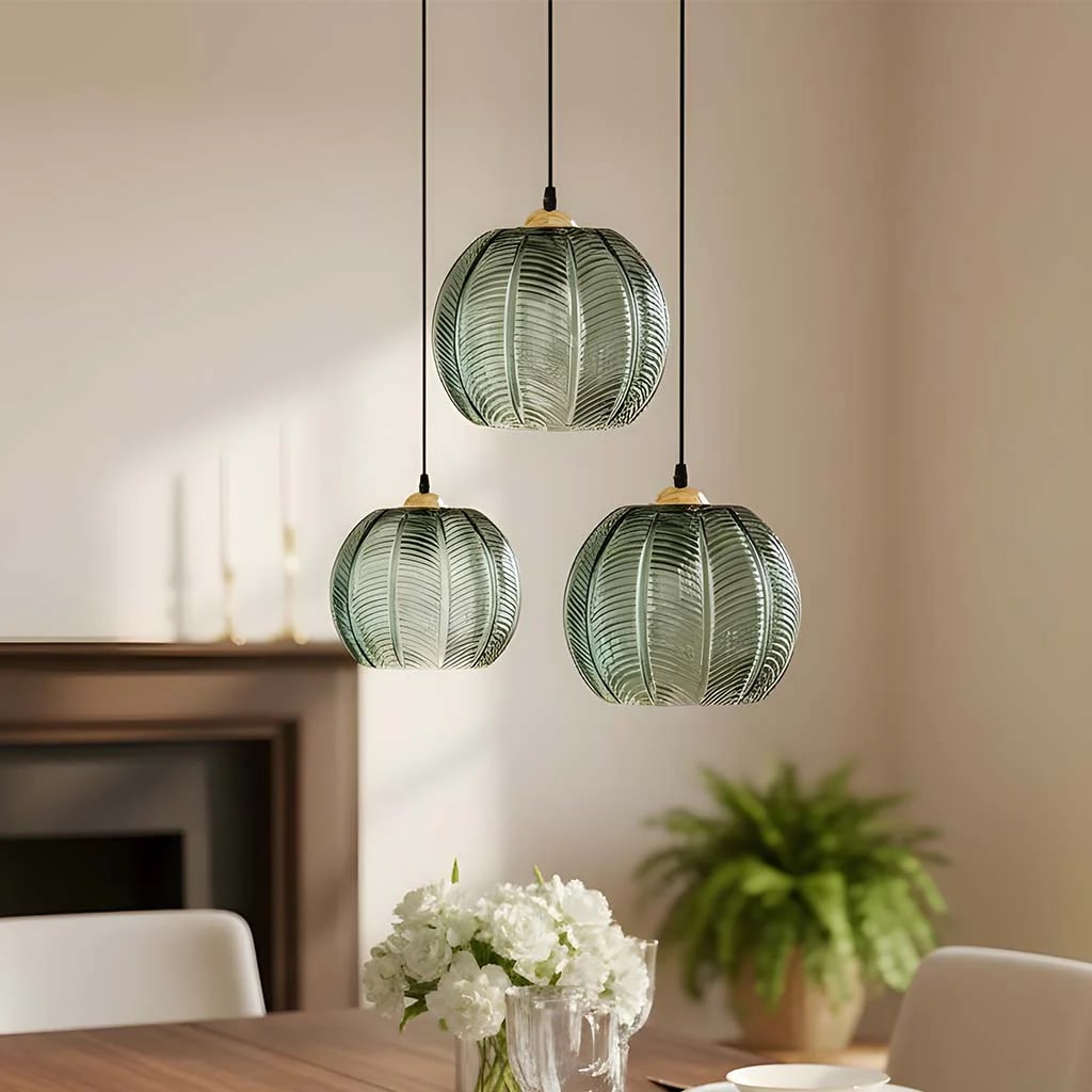 Ribbed Glass Ball Pendant Light - 3-Light