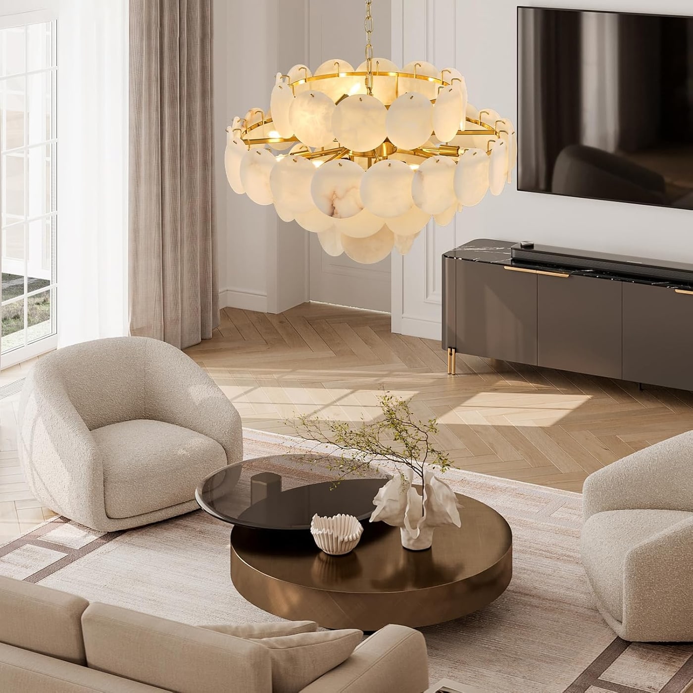 Round Natural Alabaster Chandelier, 12-Light - Photo 2