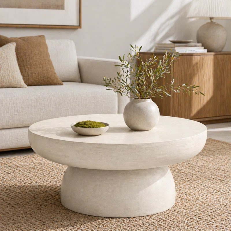 Round Sculptural Faux Marble End Table with Rain Cover - Cream