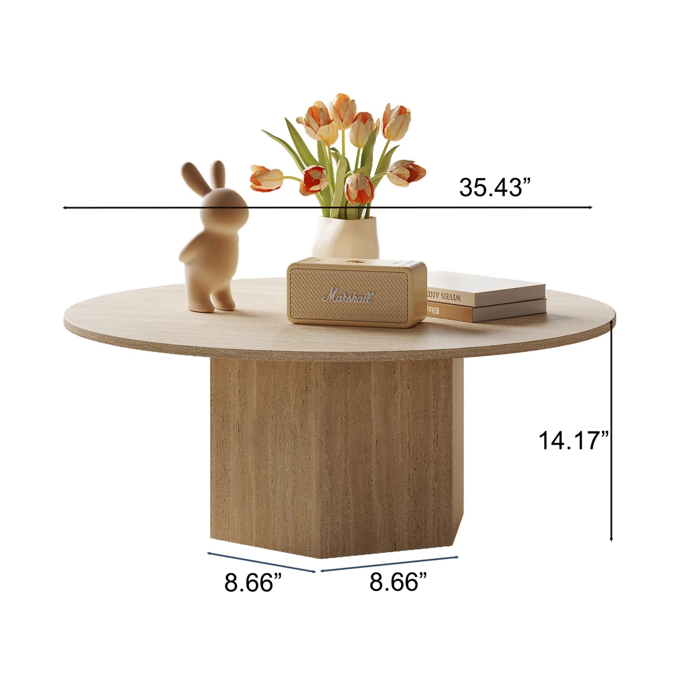 Round Stone-Texture Coffee Table with Hexagonal Base - Photo 3