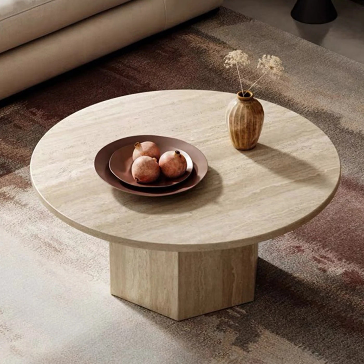 Round Stone-Texture Coffee Table with Hexagonal Base
