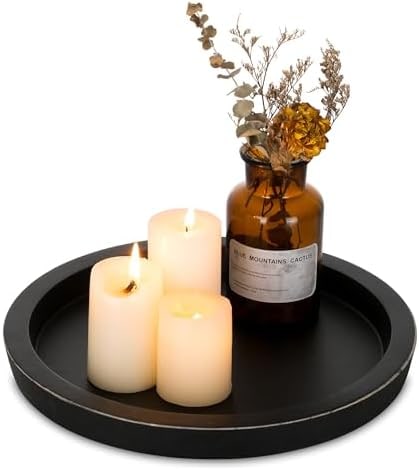 Round Paulownia Wood Candle Plate Tray - Black