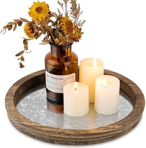 Round Paulownia Wood Candle Plate Tray - Distressed Mirror