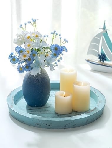 Round Paulownia Wood Candle Plate Tray - Ocean Blue