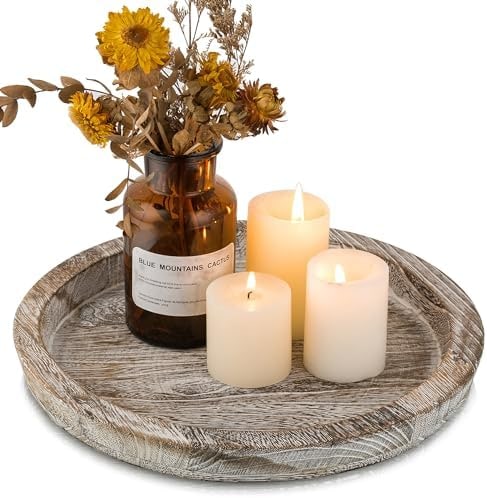Round Paulownia Wood Candle Plate Tray - Whitewash