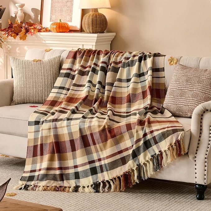 Rust Plaid Fringe Throw Blanket - Plaid Brown