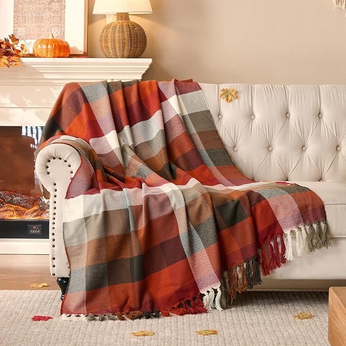 Rust Plaid Fringe Throw Blanket - Plaid Red