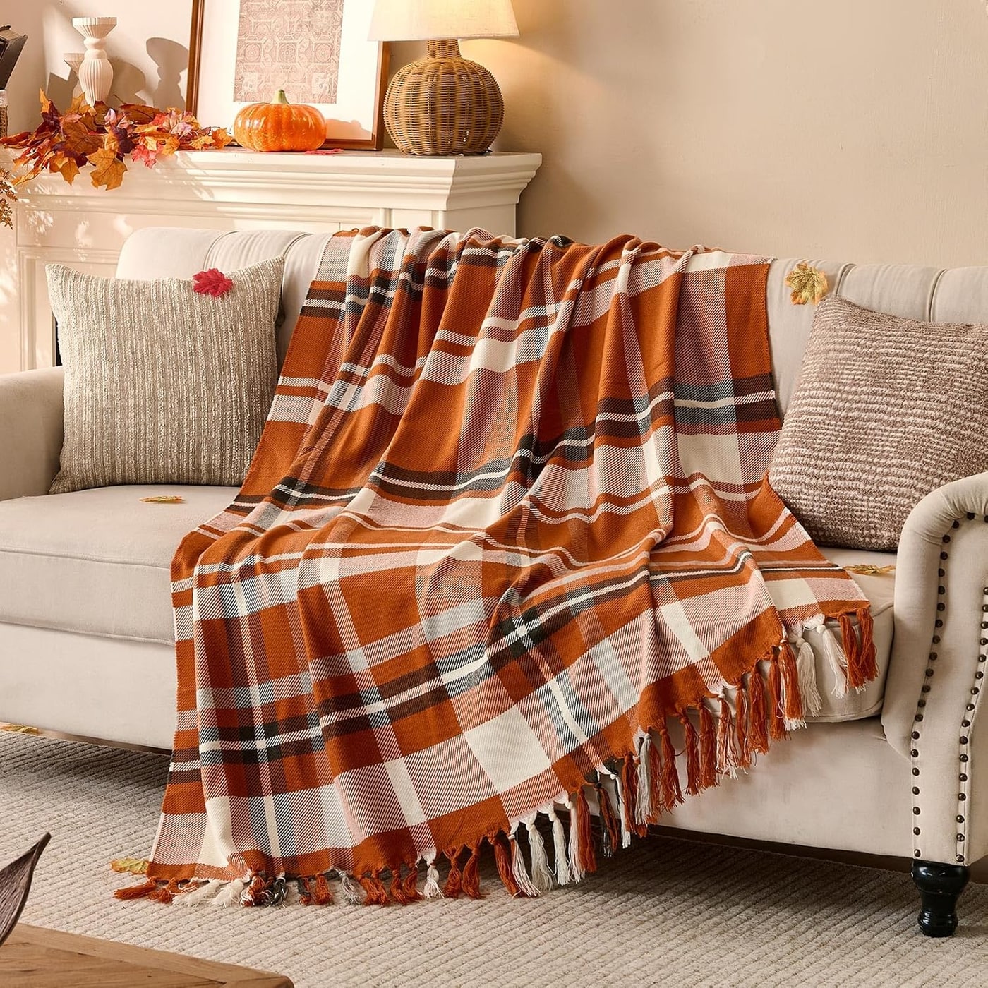 Rust Plaid Fringe Throw Blanket