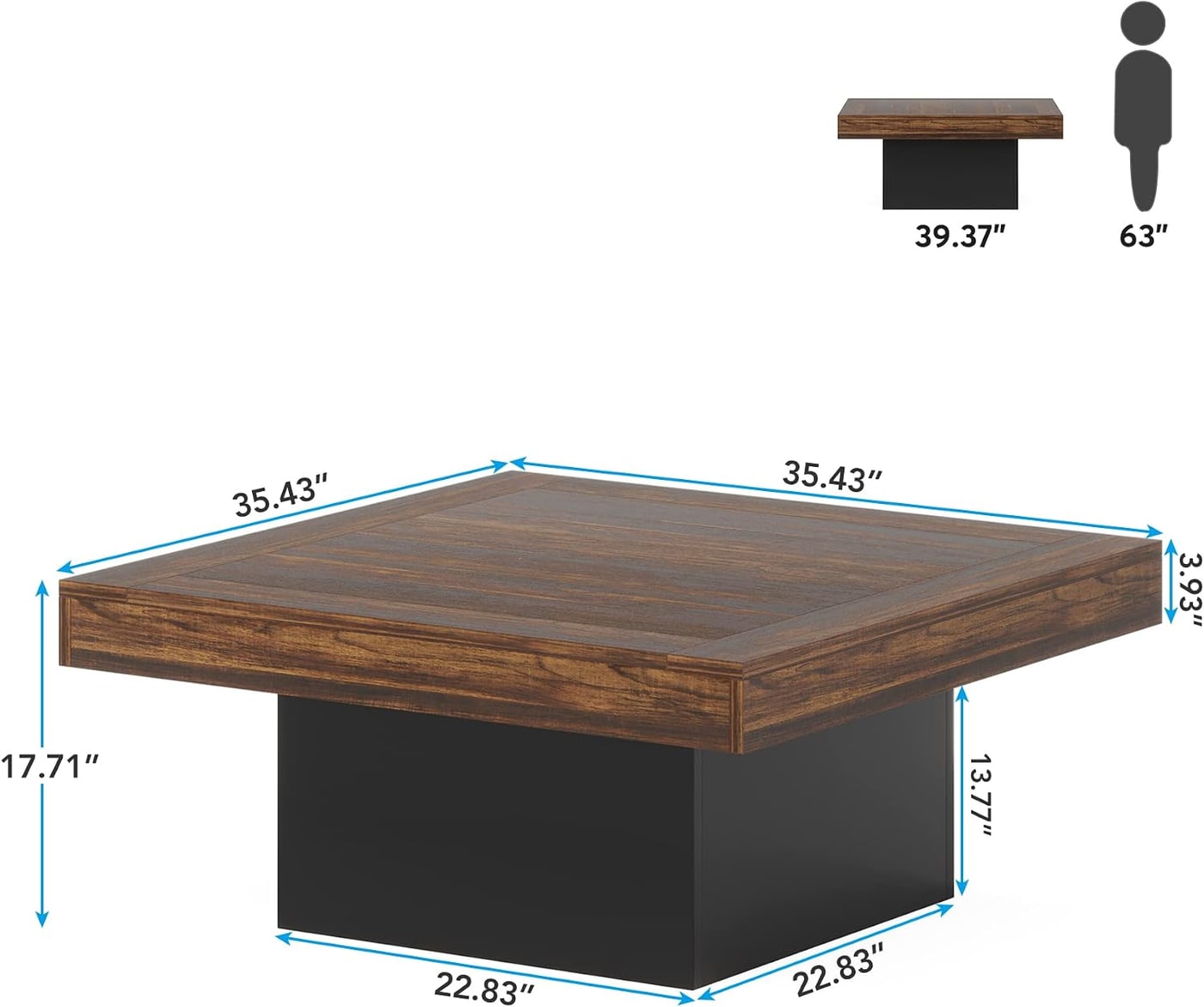 35.4-Inch Square LED Coffee Table, Rustic Brown & Black - Photo 2