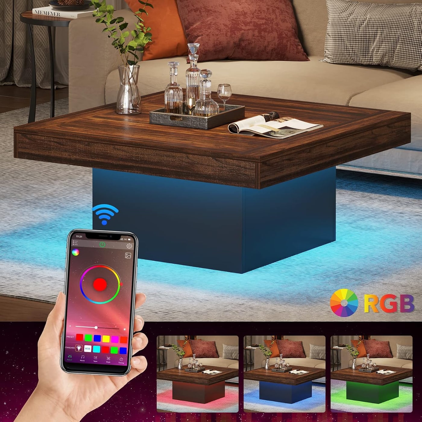 35.4-Inch Square LED Coffee Table, Rustic Brown & Black - Photo 3