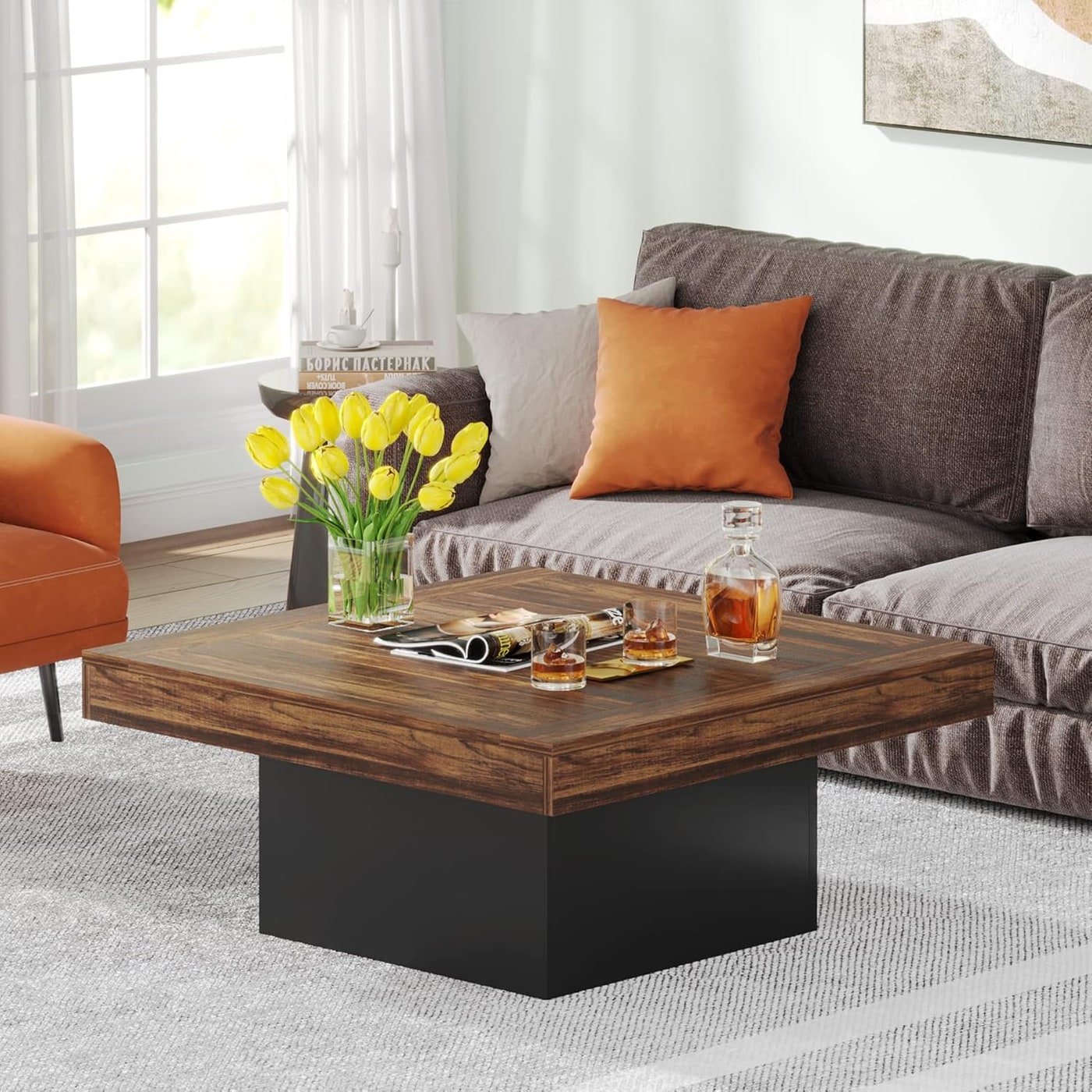 35.4-Inch Square LED Coffee Table, Rustic Brown & Black - Photo 4