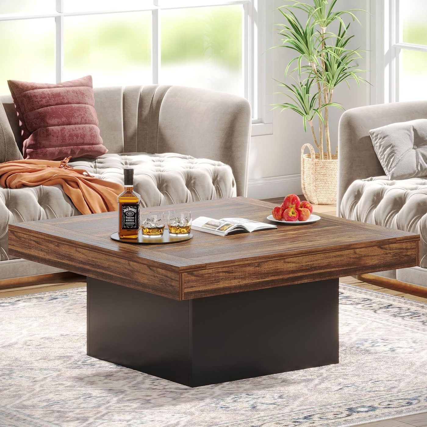 35.4-Inch Square LED Coffee Table, Rustic Brown & Black - Rustic Brown & Black