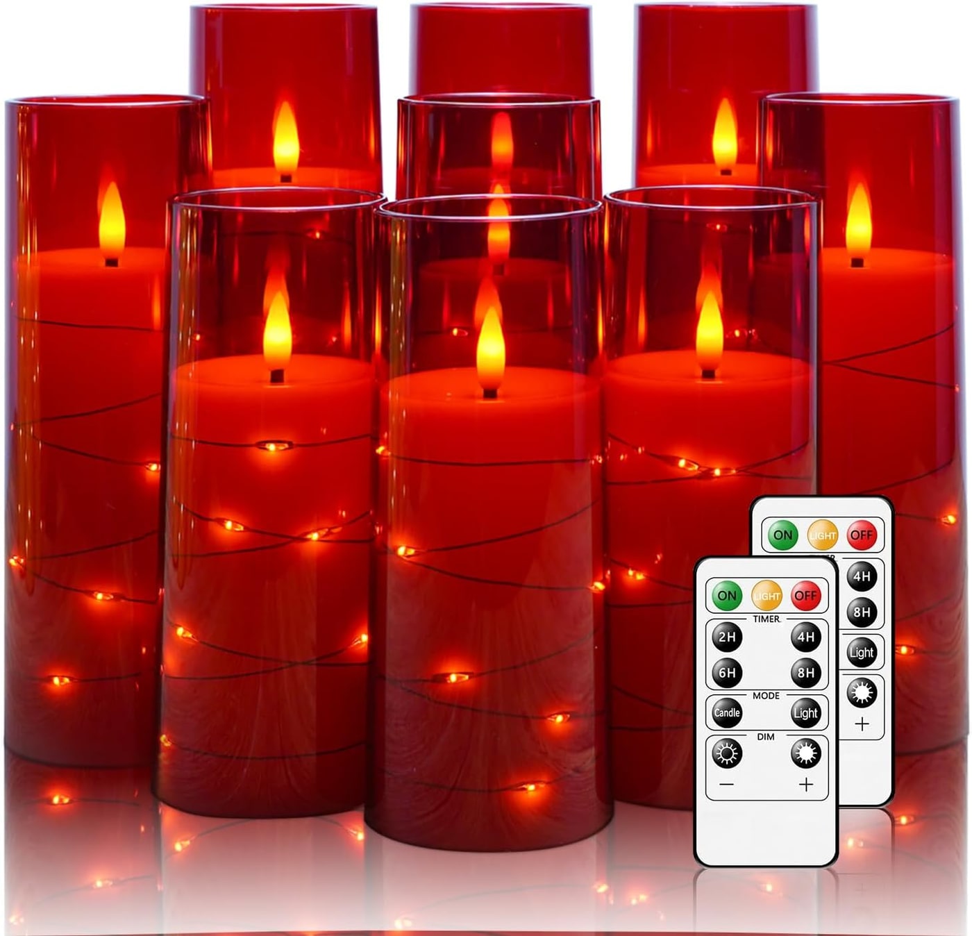 Star-String Flameless LED Pillar Candles, Set of 9 - Red