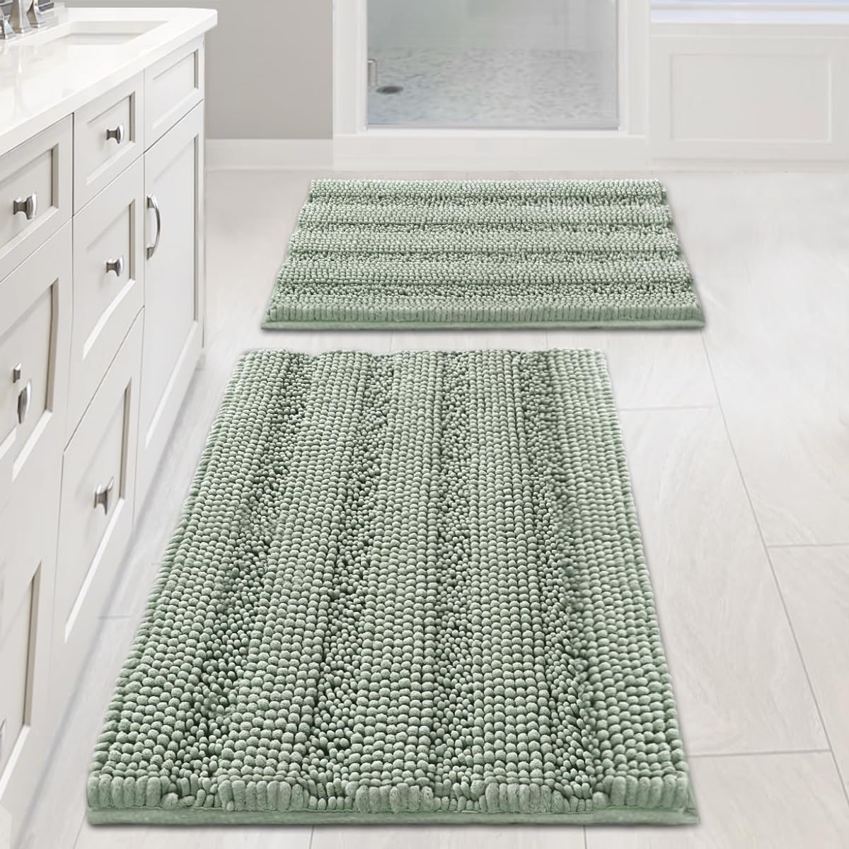 Striped Shag Chenille Bath Rug Set - Sage