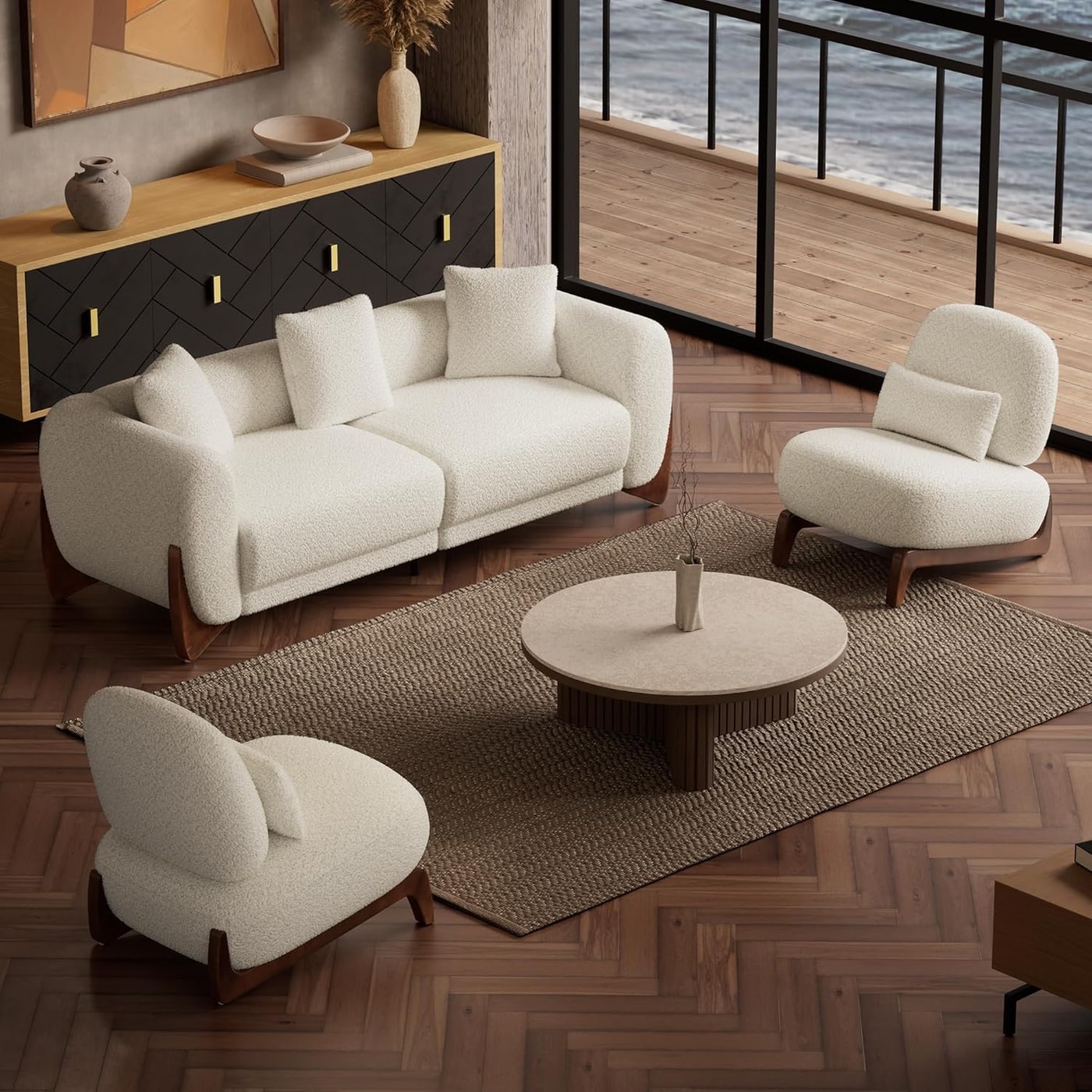 Three-Piece Boucle Sofa and Armless Chair Set - White