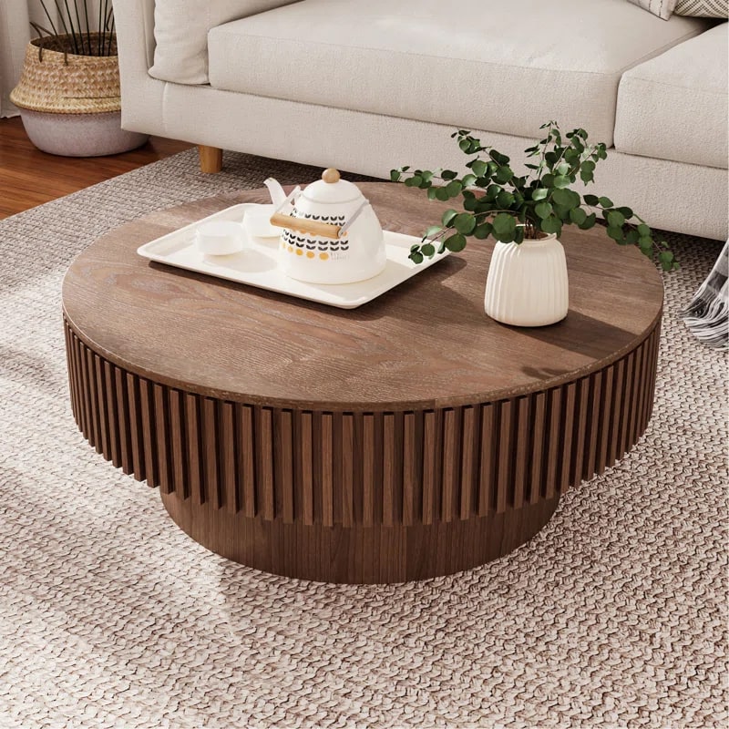 Timeshia Round Fluted Coffee Table with Storage - Walnut