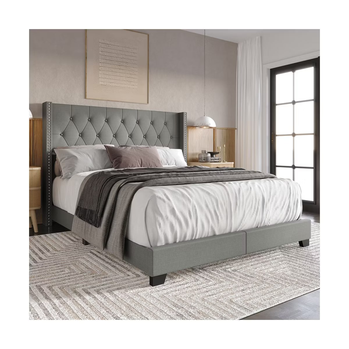 Twin Wingback Upholstered Bed - Light Grey Linen